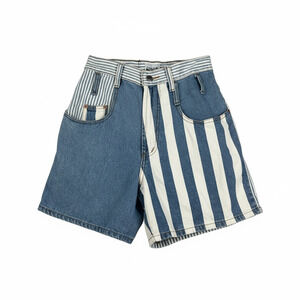 Vintage Colorblock Denim Shorts Striped High Rise Patchwork Mom Shorts Womens S